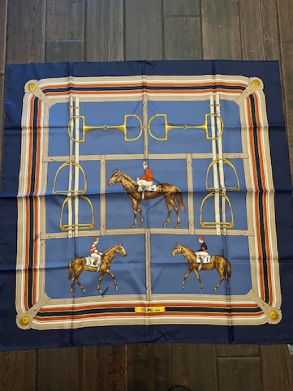 Celine Paris Silk Scarf Equestrian Horse Print Blue 34” Square Authenticated